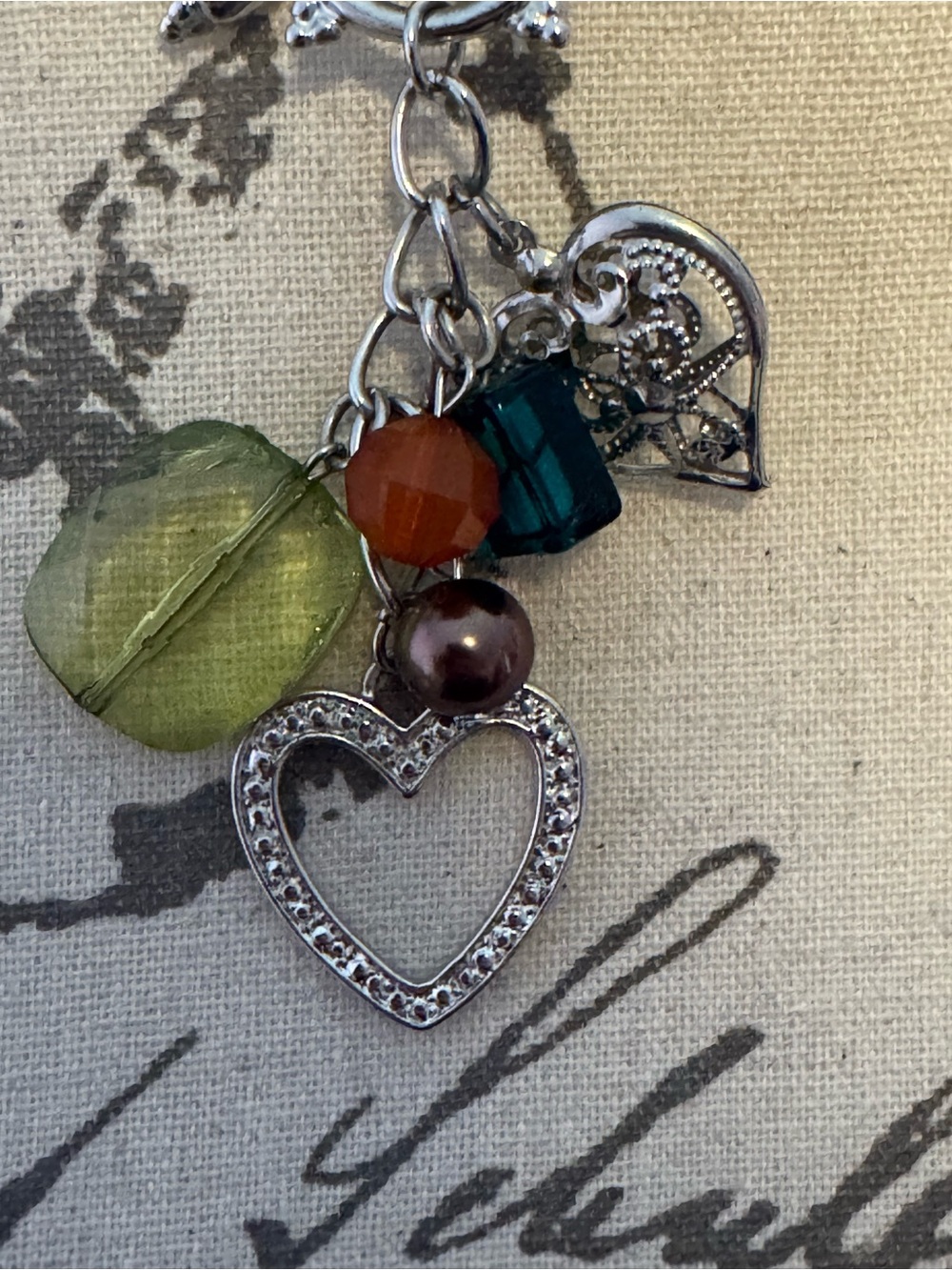 Silver-Tone Heart Charm Necklace with beaded stones